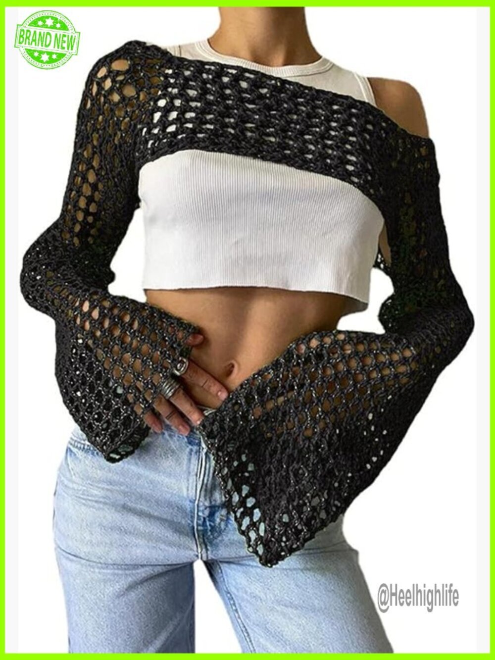 Long Sleeve Crochet Crop Top Mesh Pullover Beach Cover Up